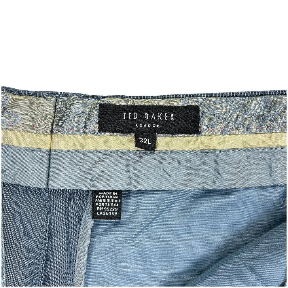 Ted Baker Linen Blend Pants Men 32L Blue Slim Fit Dress Chino Chambray